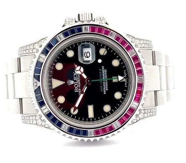 Rolex GMT - Master 2 Custome Cotton Candy, Natural Diamond, Sapphire and Ruby Bezel watch - Stainless Steel w/Box; $23,500 Retail
