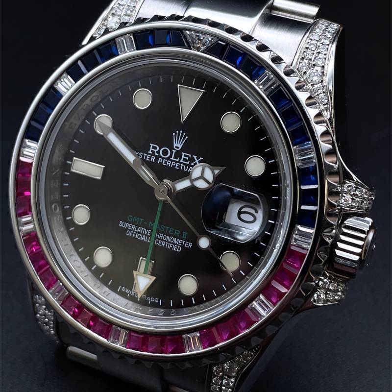 Rolex GMT - Master 2 Custome Cotton Candy, Natural Diamond, Sapphire and Ruby Bezel watch - Stainless Steel w/Box; $23,500 Retail